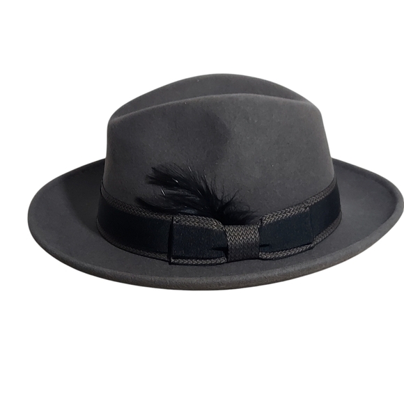 Hats in the Belfry 100% Gray Wool Fedora Black bow hatband and feather